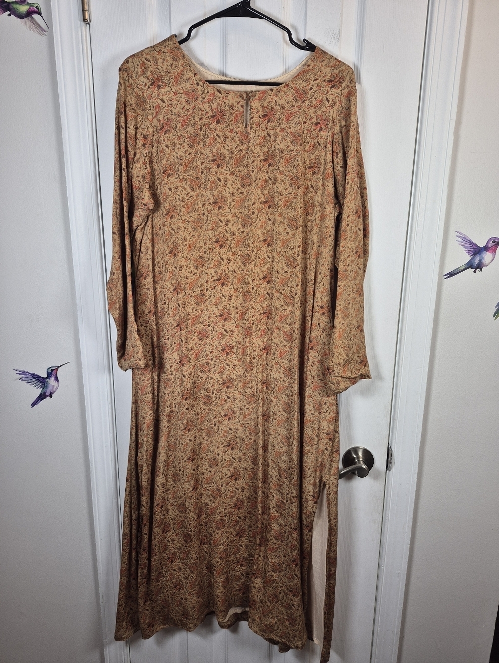 ​Vintage Handmade Boho Paisley Floral Silk Blend Caftan Maxi Dress L